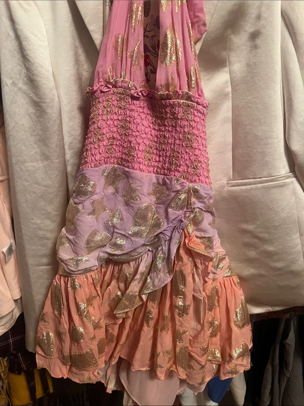 LoveShackFancy Pink Halter Mini Dress with Gold Foil - Picture 4 of 5